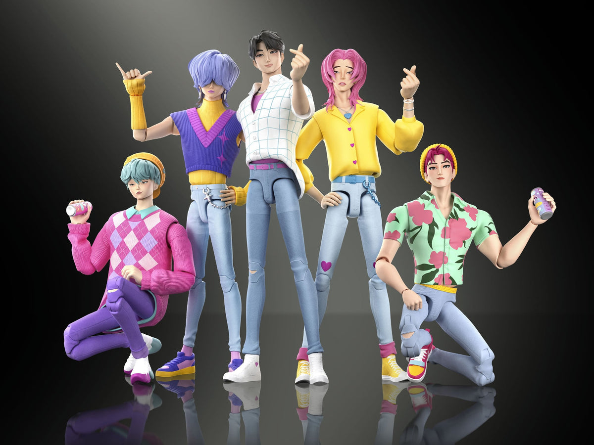 Five KPop Demon Hunters Saja Boys Romance Soda Pop Action Figures in colorful outfits, unique hairstyles, and some holding drinks.