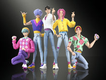 Five KPop Demon Hunters Saja Boys Romance Soda Pop Action Figures in colorful outfits, unique hairstyles, and some holding drinks.