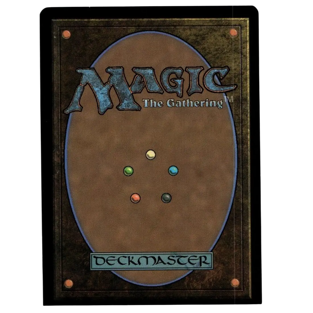 Brown magic the gathering deckmaster card with metallic finish and five colored orbs in katana viacom borderless design