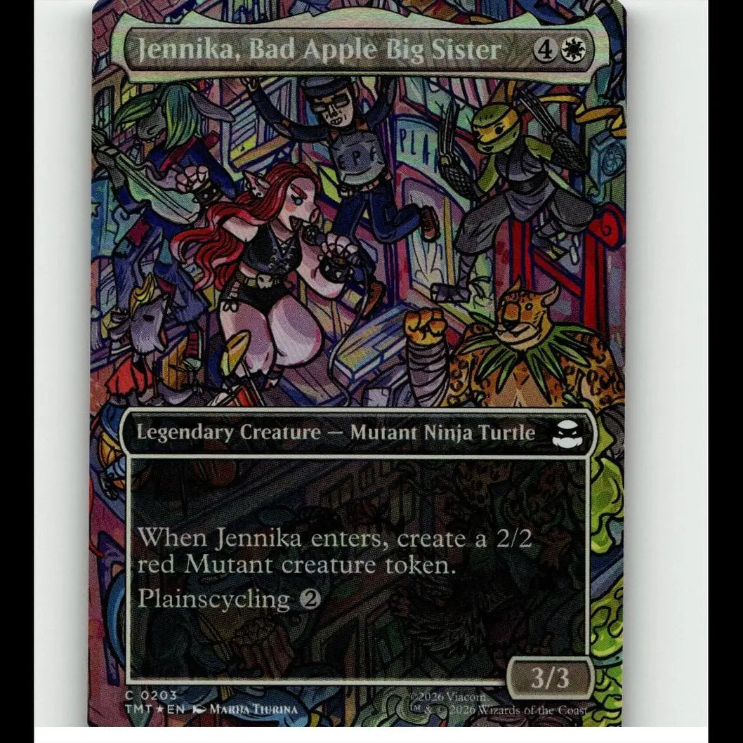 Magic the gathering card jennika bad apple big sister borderless foil featuring red-haired mutant ninja turtle in action