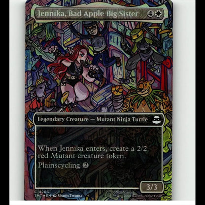 Magic the gathering jennika bad apple big sister borderless foil card featuring red-haired mutant ninja turtle in action