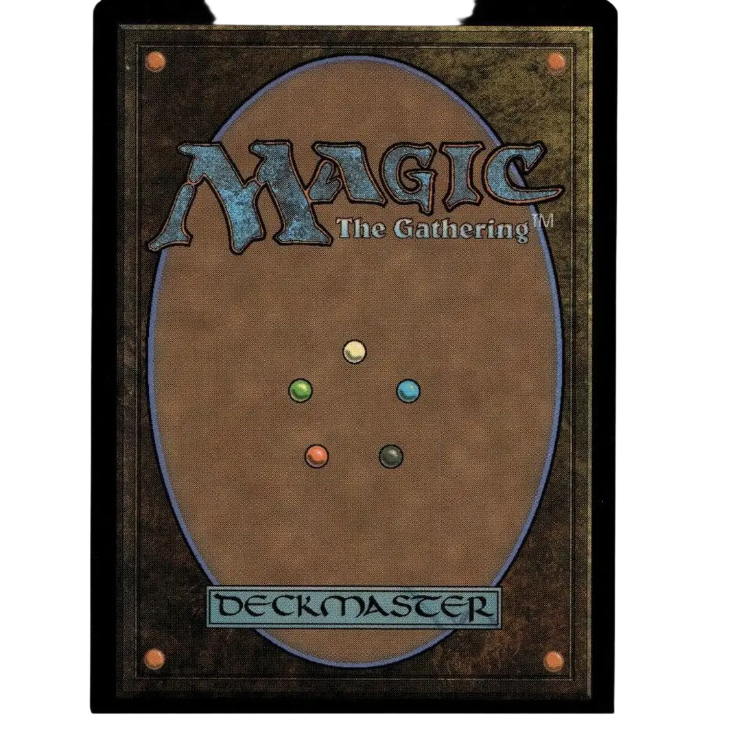 Brown magic the gathering foil deckmaster card with metallic finish and five colored orbs in marshmallow pizza design