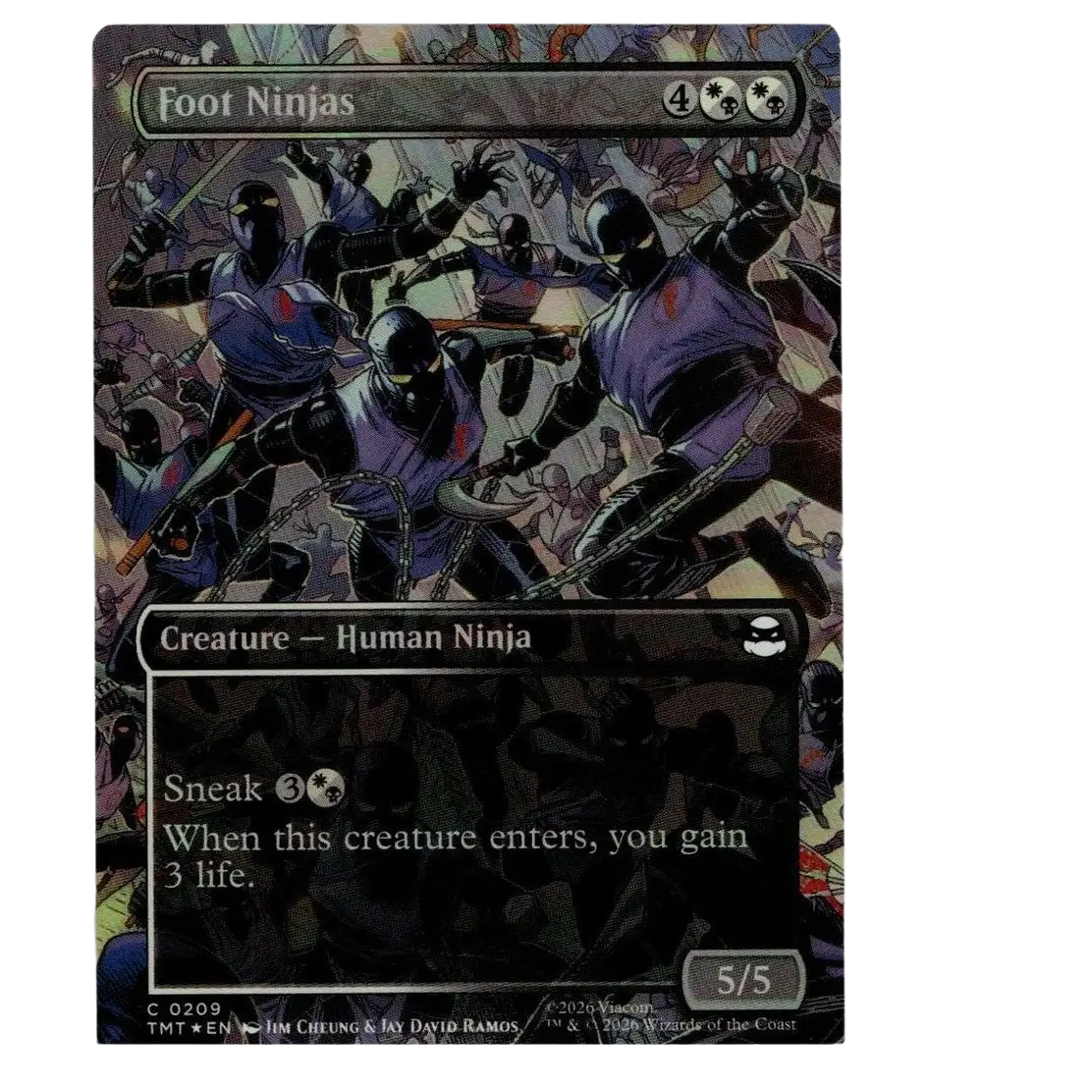 Magic the gathering tmt cf 0209 foot ninjas borderless foil trading card featuring ninjas in purple and black attire with glowing eyes