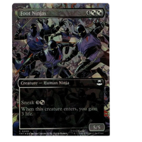 Magic the gathering tmt cf 0209 foot ninjas borderless foil trading card featuring ninjas in purple and black attire with glowing eyes