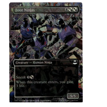 Magic the gathering tmt cf 0209 foot ninjas borderless foil trading card featuring ninjas in purple and black attire with glowing eyes