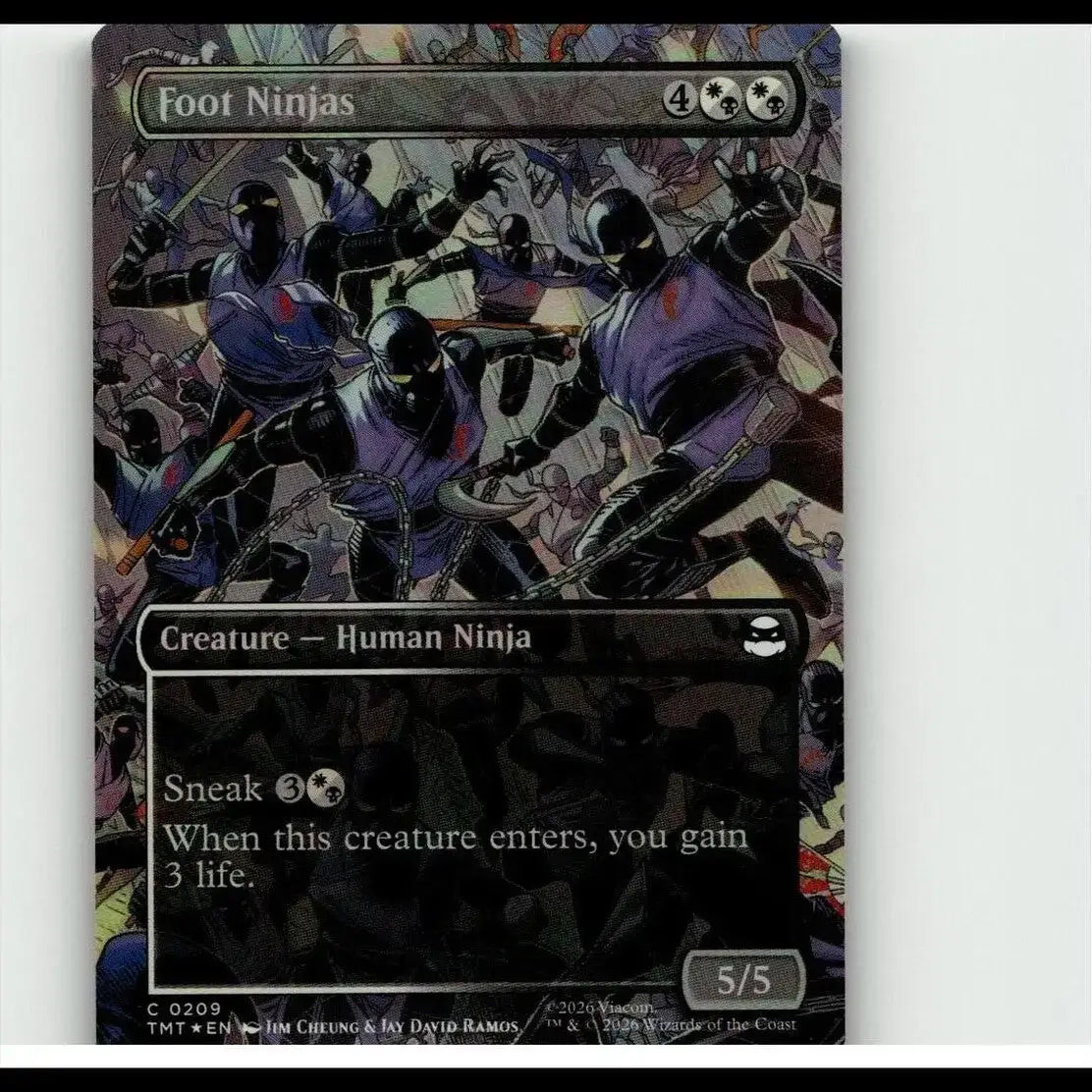 Magic the gathering foot ninjas trading card featuring purple and black borderless foil ninja warriors with metallic accents