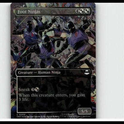 Magic the gathering foot ninjas trading card featuring purple and black borderless foil ninja warriors with metallic accents