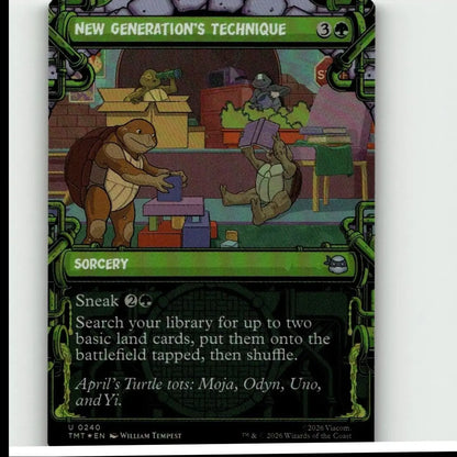 A green-bordered technique tmnt showcase trading card featuring cartoon turtles in a workshop for magic the gathering