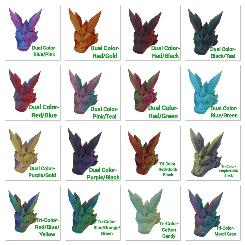 Colorful crystal dragon head figurines.