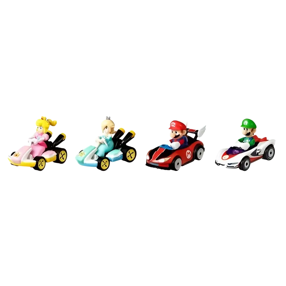Four colorful plastic mario kart hot wheels toy cars featuring characters in vibrant designs vehicle 4-pack