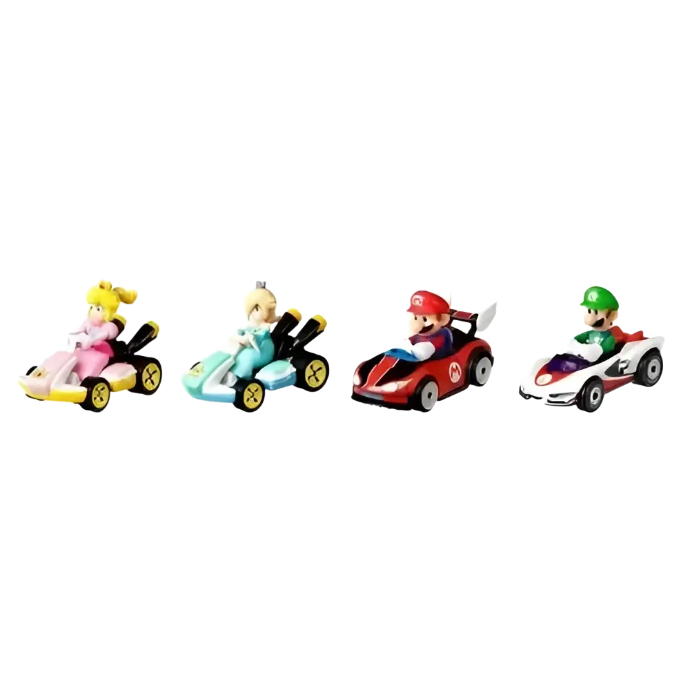Four colorful plastic mario kart hot wheels toy cars featuring characters in vibrant designs vehicle 4-pack