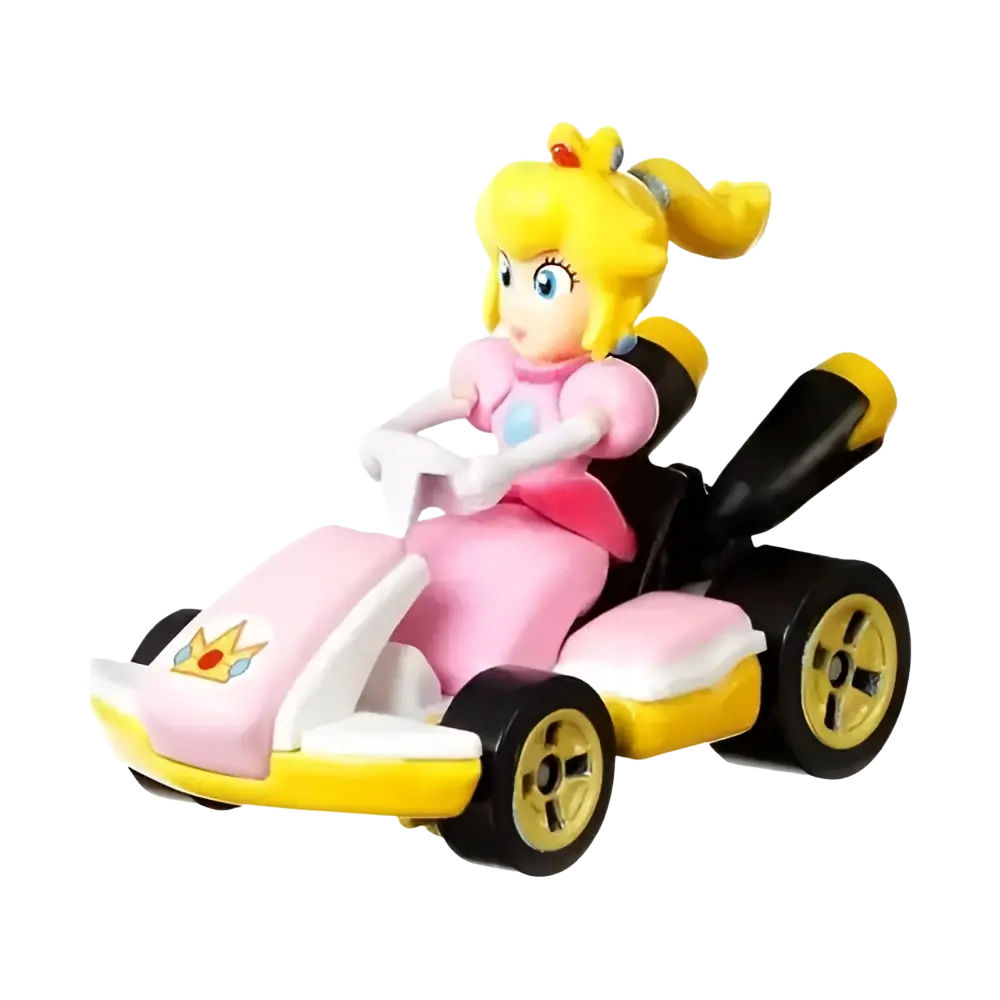 Pink and yellow princess peach toy car with black wheels and crown emblem from mario kart hot wheels vehicle 4-pack