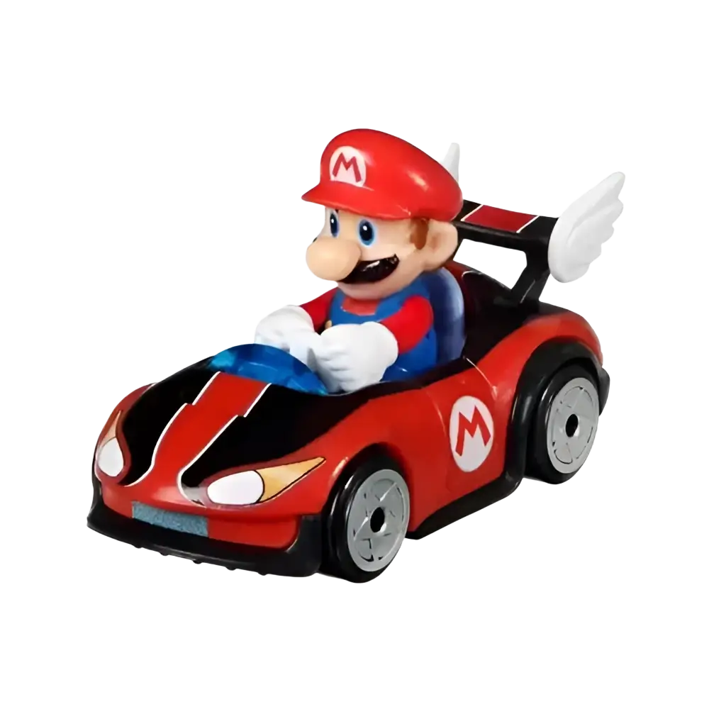 Red and black plastic mario kart hot wheels racing car with white rear spoiler wings in vehicle 4-pack