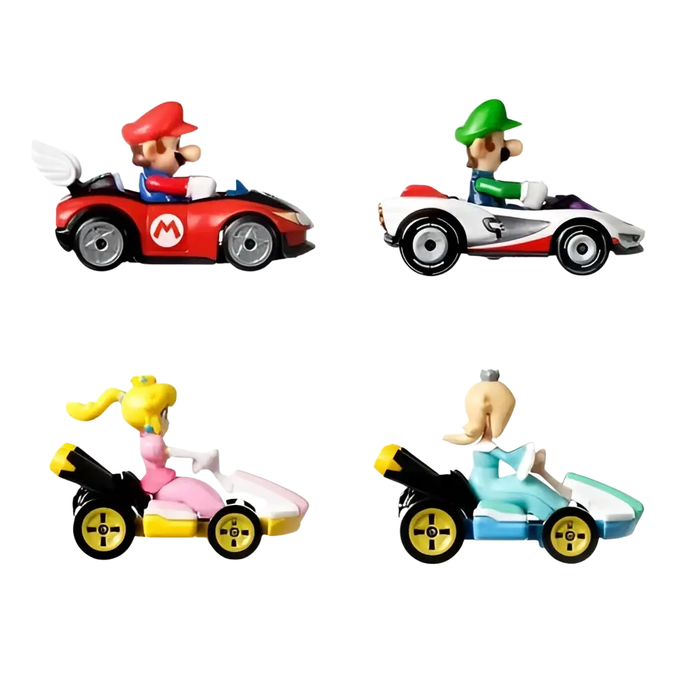 Red and white mario kart hot wheels vehicle 4-pack featuring mario with a red cap blue overalls and silver wheels