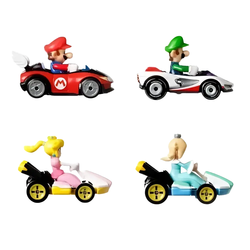 Mario kart hot wheels 2025 mix 3 vehicle 4-pack featuring red and white kart with red cap blue overalls and silver wheels