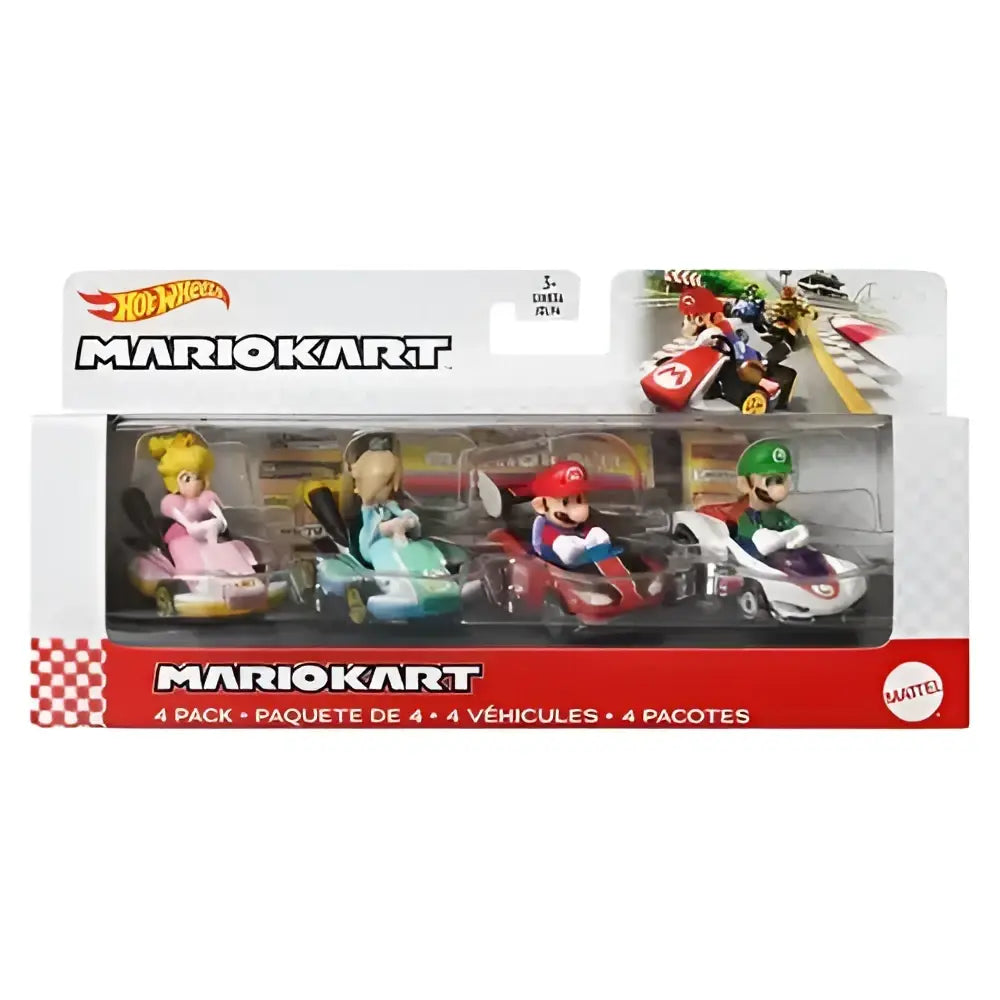 Mario kart hot wheels vehicle 4-pack featuring four vibrant miniature race cars with detailed character designs
