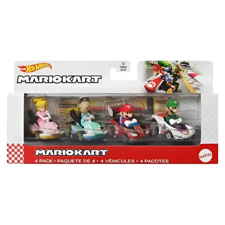 Mario kart hot wheels vehicle 4-pack featuring four vibrant miniature race cars with detailed character designs