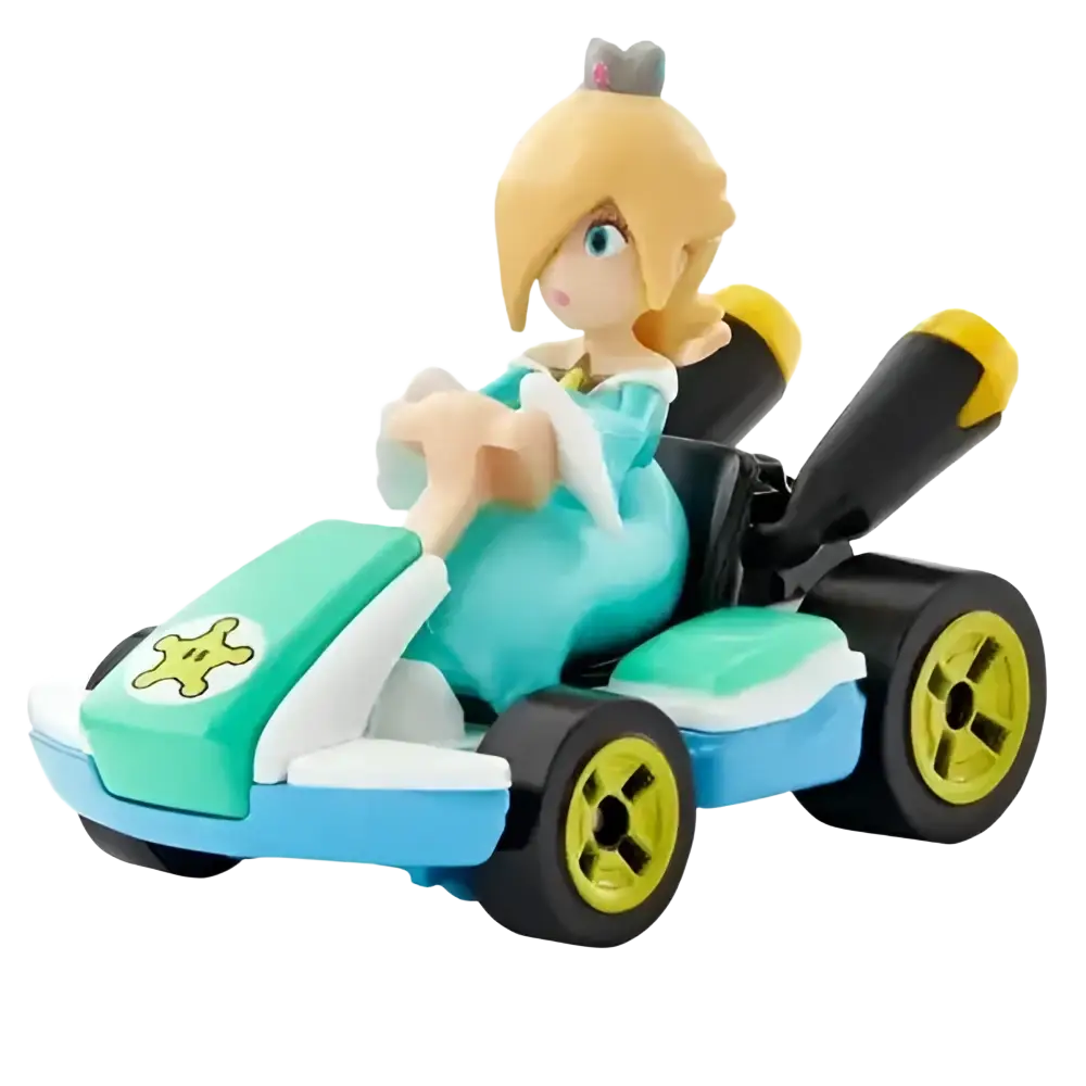 A turquoise and light blue plastic toy race car with yellow wheels and a blonde princess figure in a mario kart hot wheels vehicle 4-pack