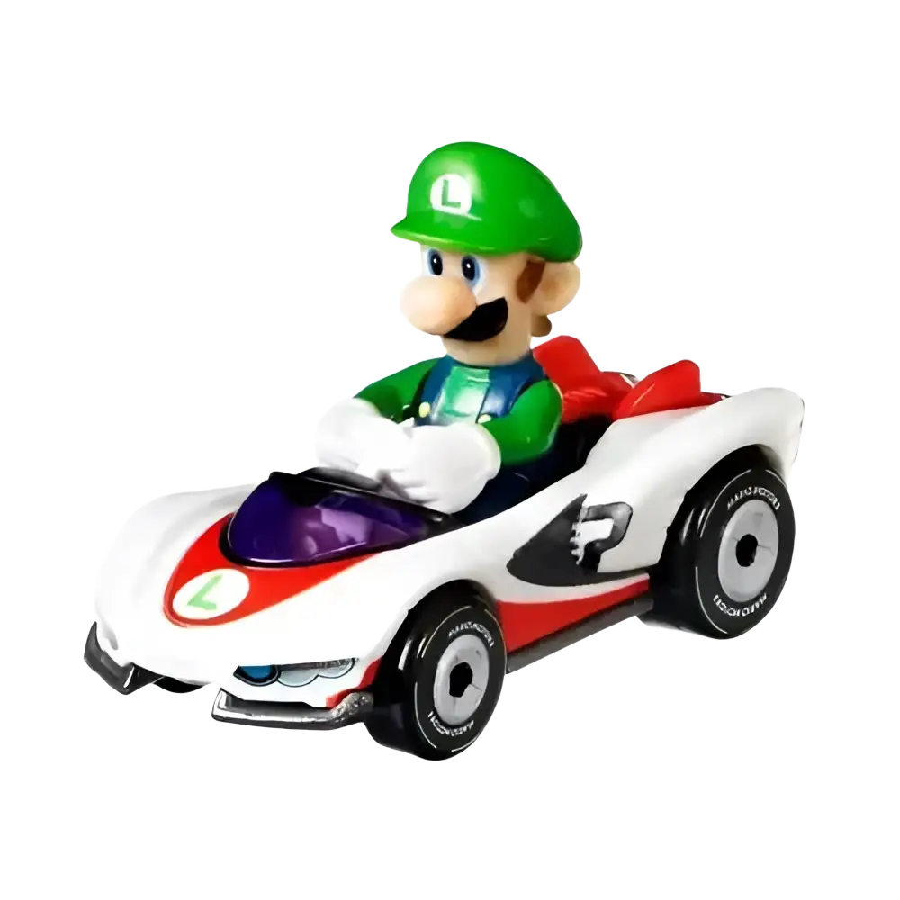 White and red mario kart hot wheels vehicle 4-pack car with green cap luigi figure and purple accents on black wheels