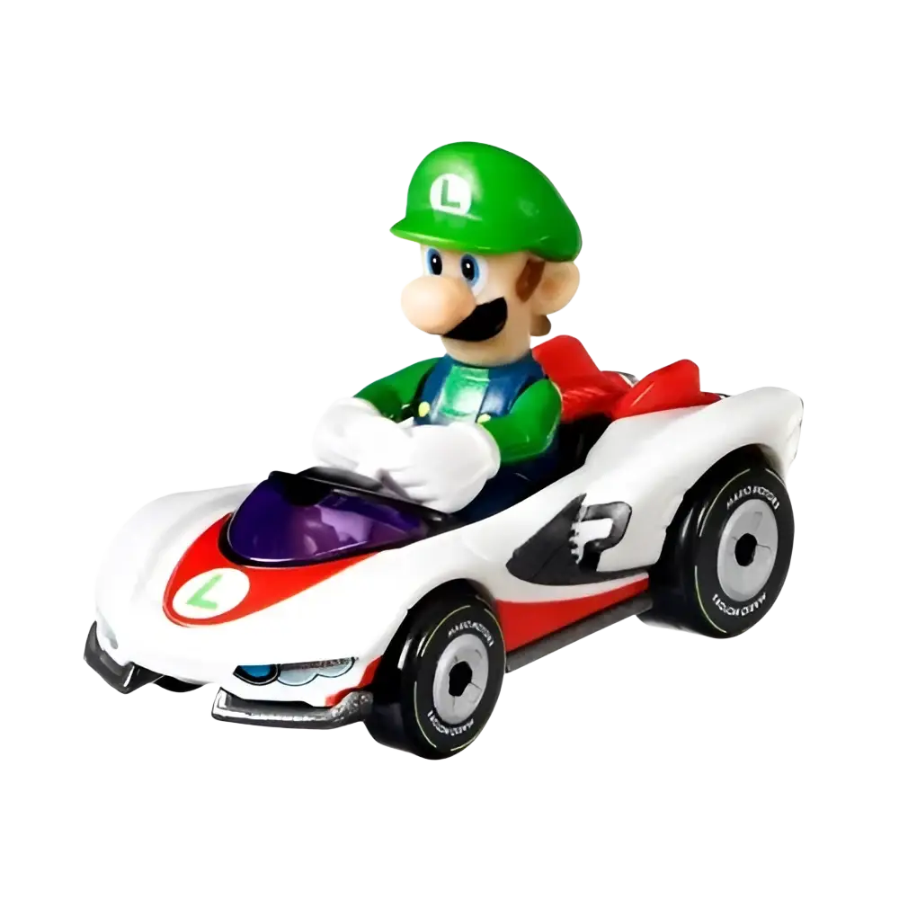 White and red Mario Kart Hot Wheels vehicle 4-pack featuring Luigi figure with green cap and purple accents