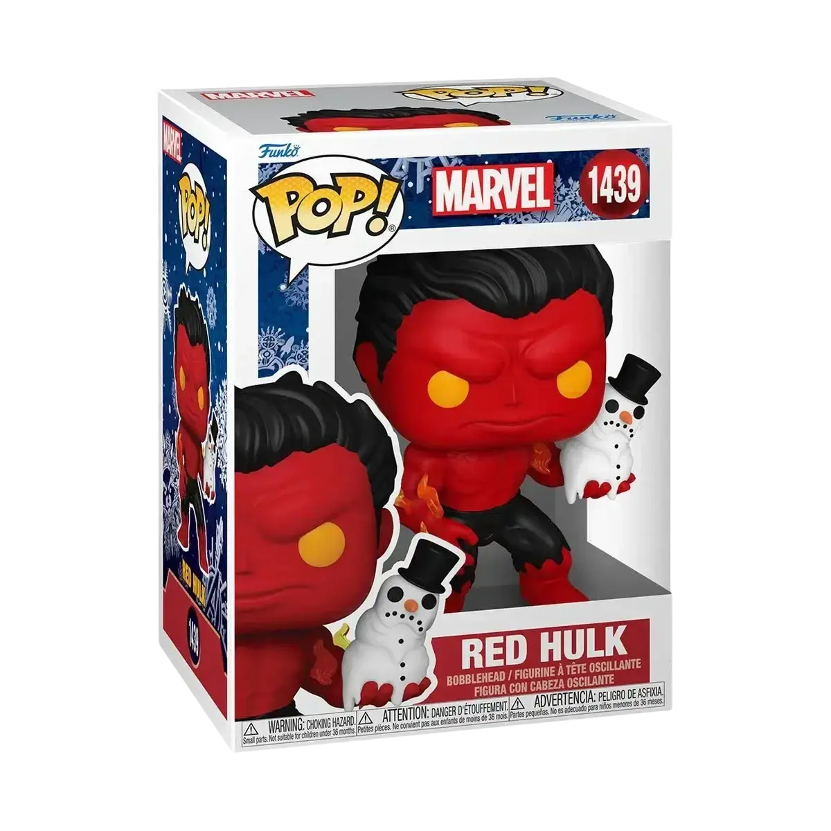 Red hulk funko pop! Figure with black hair, yellow eyes, and a red body holding a snowman.
