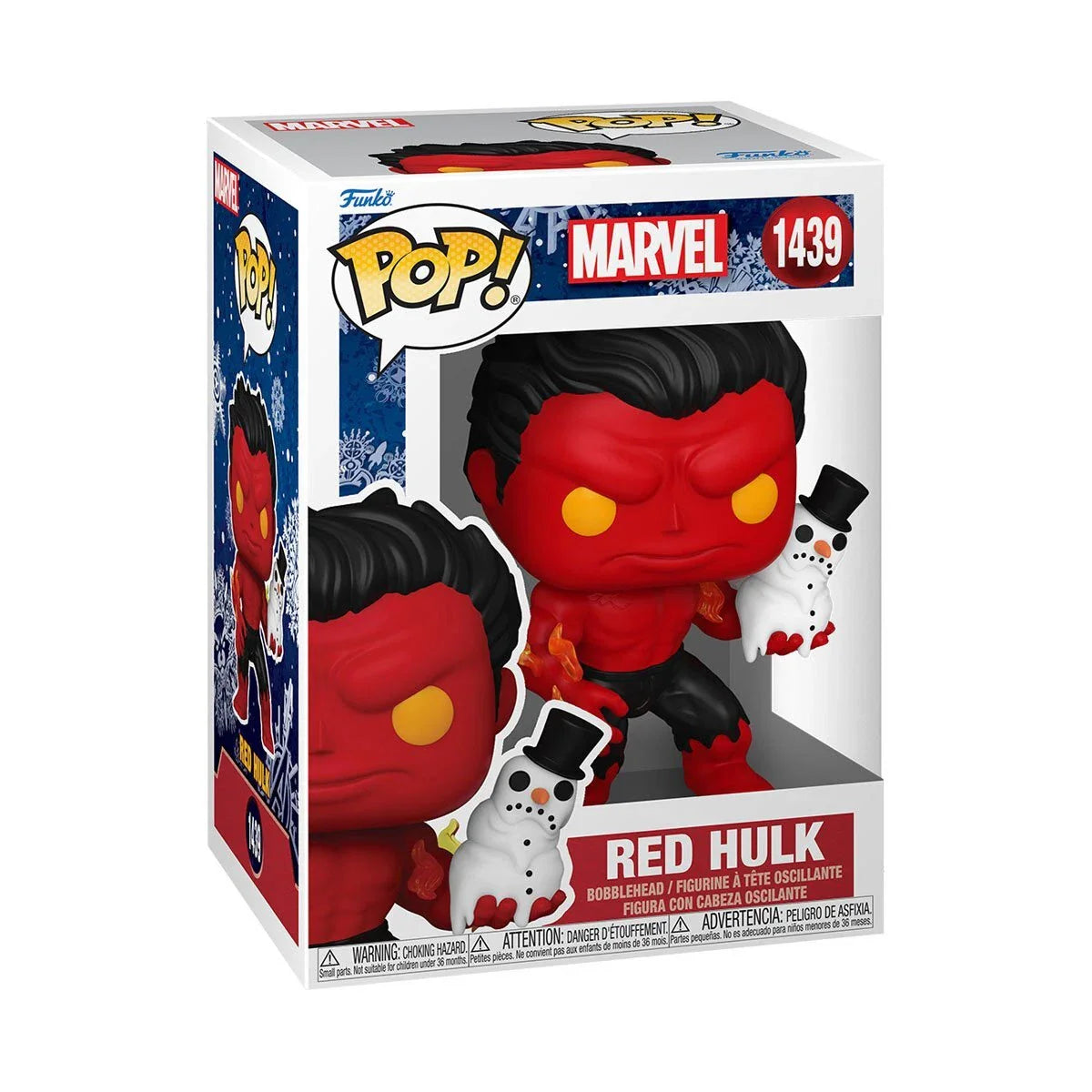 Red hulk funko pop! Figure with black hair, yellow eyes, and a red body holding a snowman.