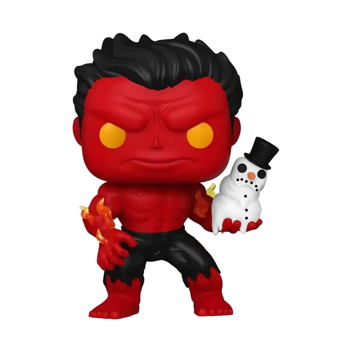 Red and black funko pop! Figure of the character with fiery orange flames on his hands, holding a small white snowman wearing a top hat.