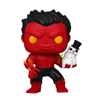 Red and black funko pop! Figure of the character with fiery orange flames on his hands, holding a small white snowman wearing a top hat.