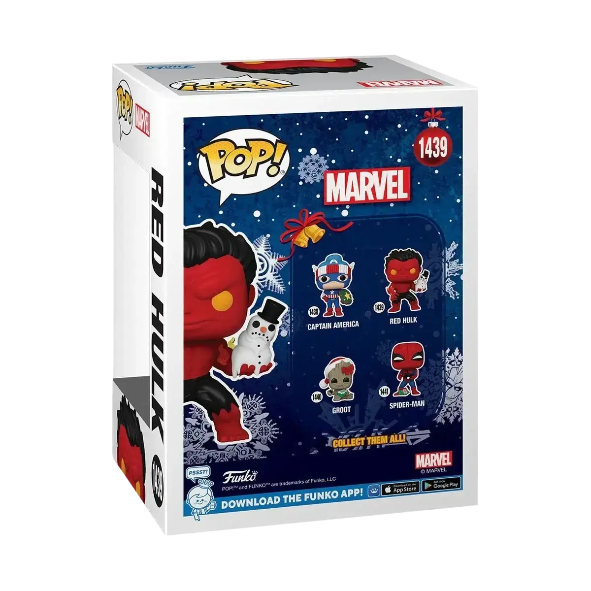 Red hulk funko pop! Figure in a festive holiday-themed box.