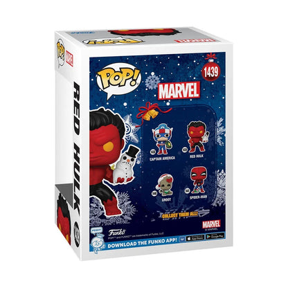 Red hulk funko pop! Figure in a festive holiday-themed box.