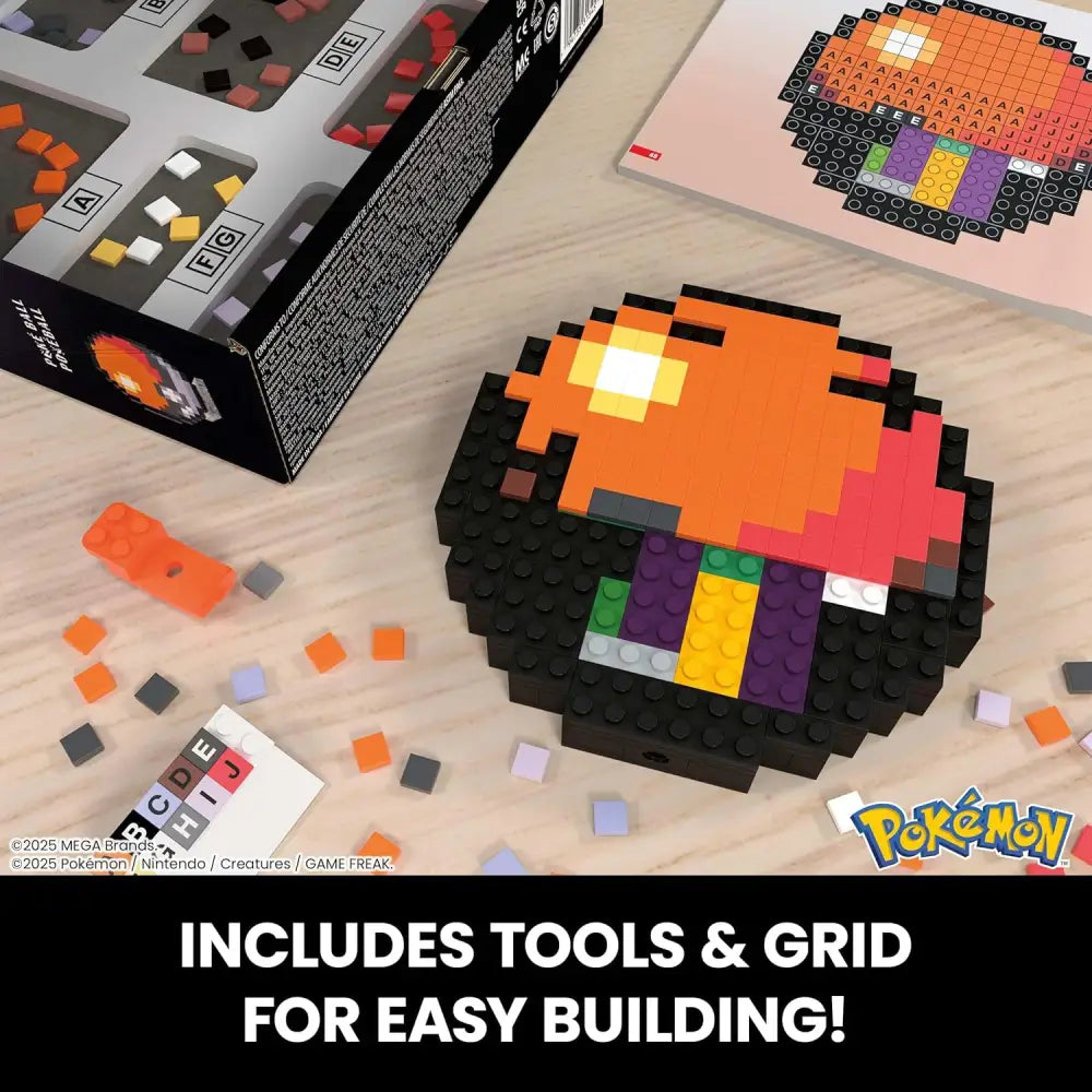 8-bit style pokémon buildable art piece with orange and black details, featuring a grid for easy assembly.