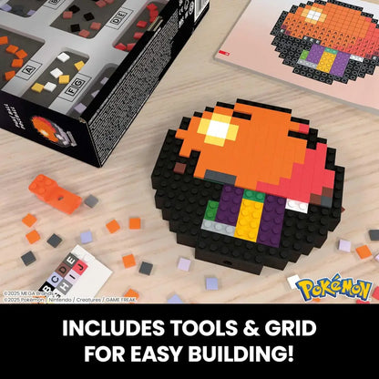 8-bit style pokémon buildable art piece with orange and black details, featuring a grid for easy assembly.