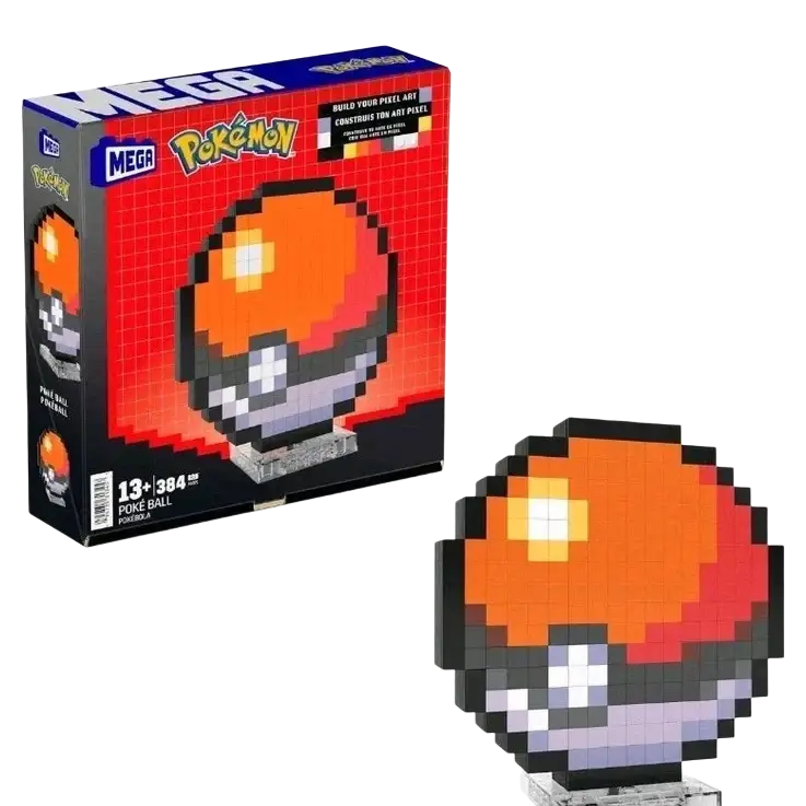 Pixelated orange and gray poke ball constructed from mega brand building blocks.