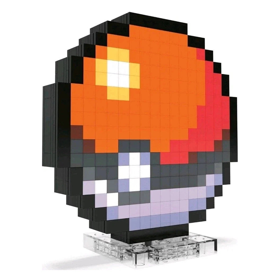 Pixelated orange and red poké ball constructed from interlocking plastic bricks, featuring a black top rim and gray-and-purple lower section with white accents.