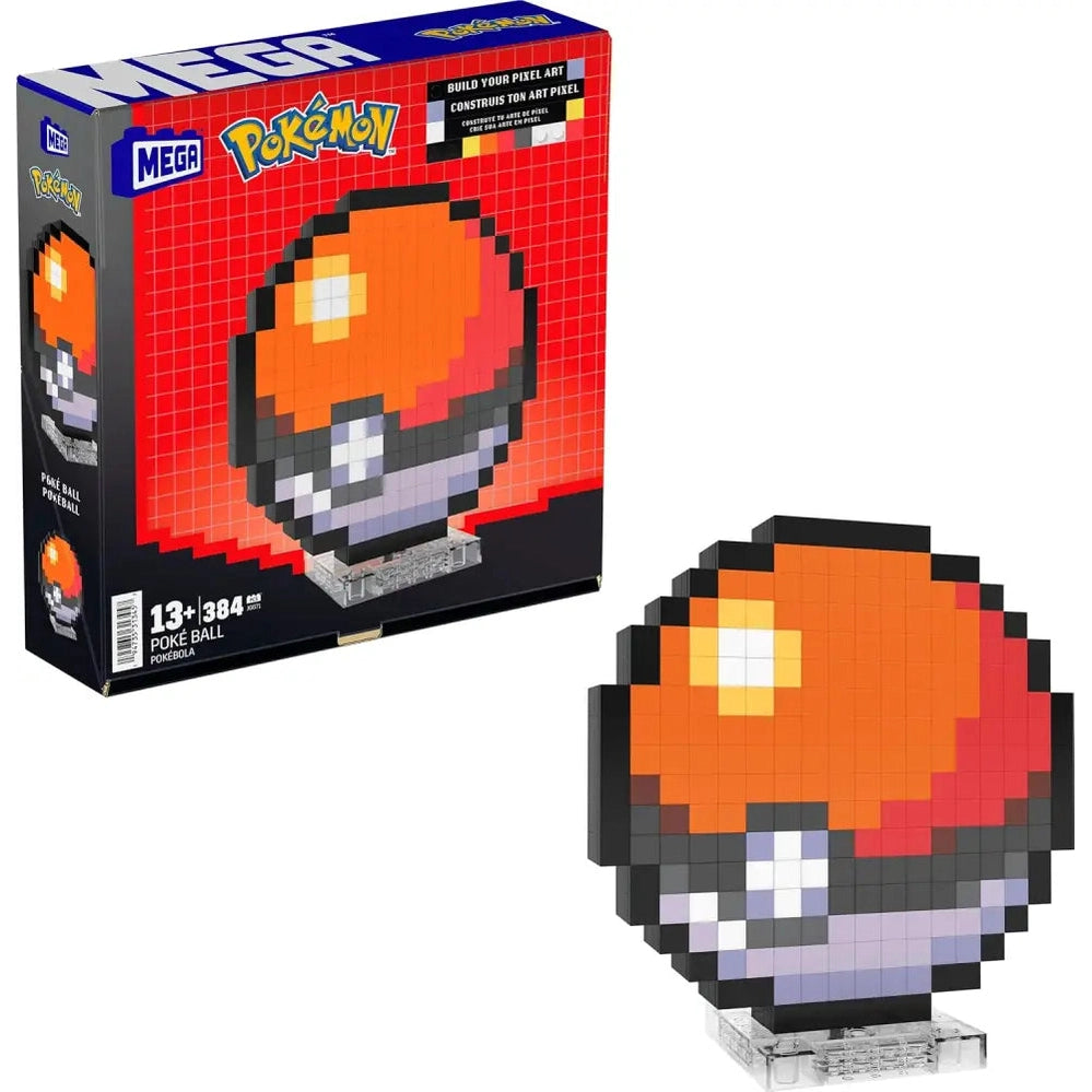 8-bit style mega poké ball puzzle set in orange and black, featuring a clear plastic stand.