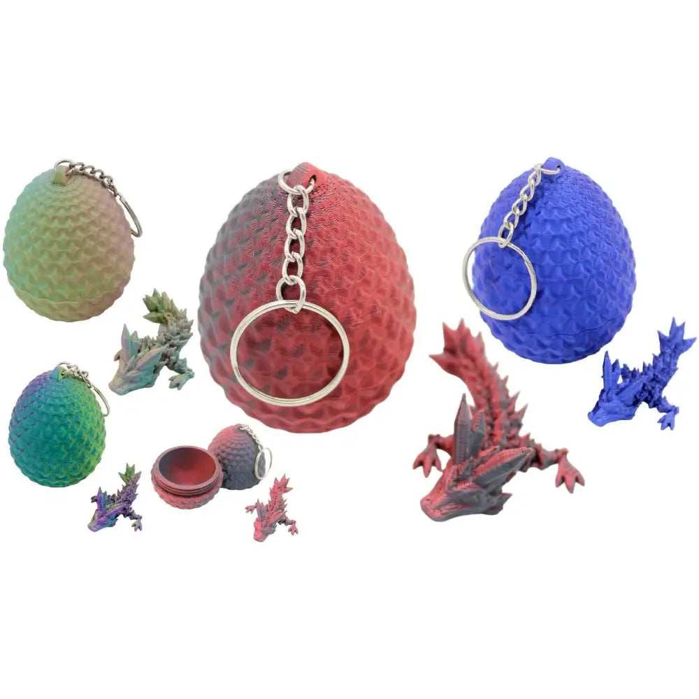 Dragon egg keychains and dragon figurines.