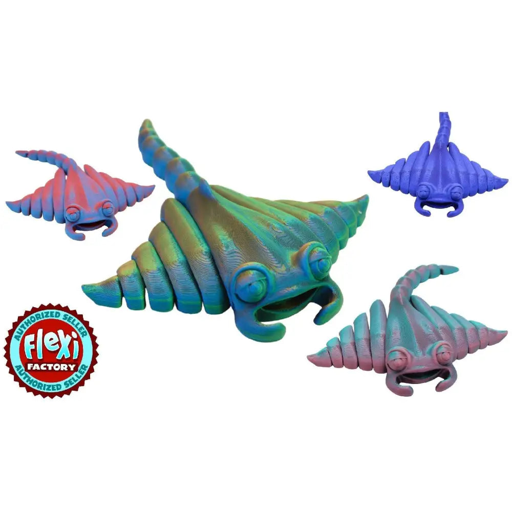 Colorful articulated manta ray toys.