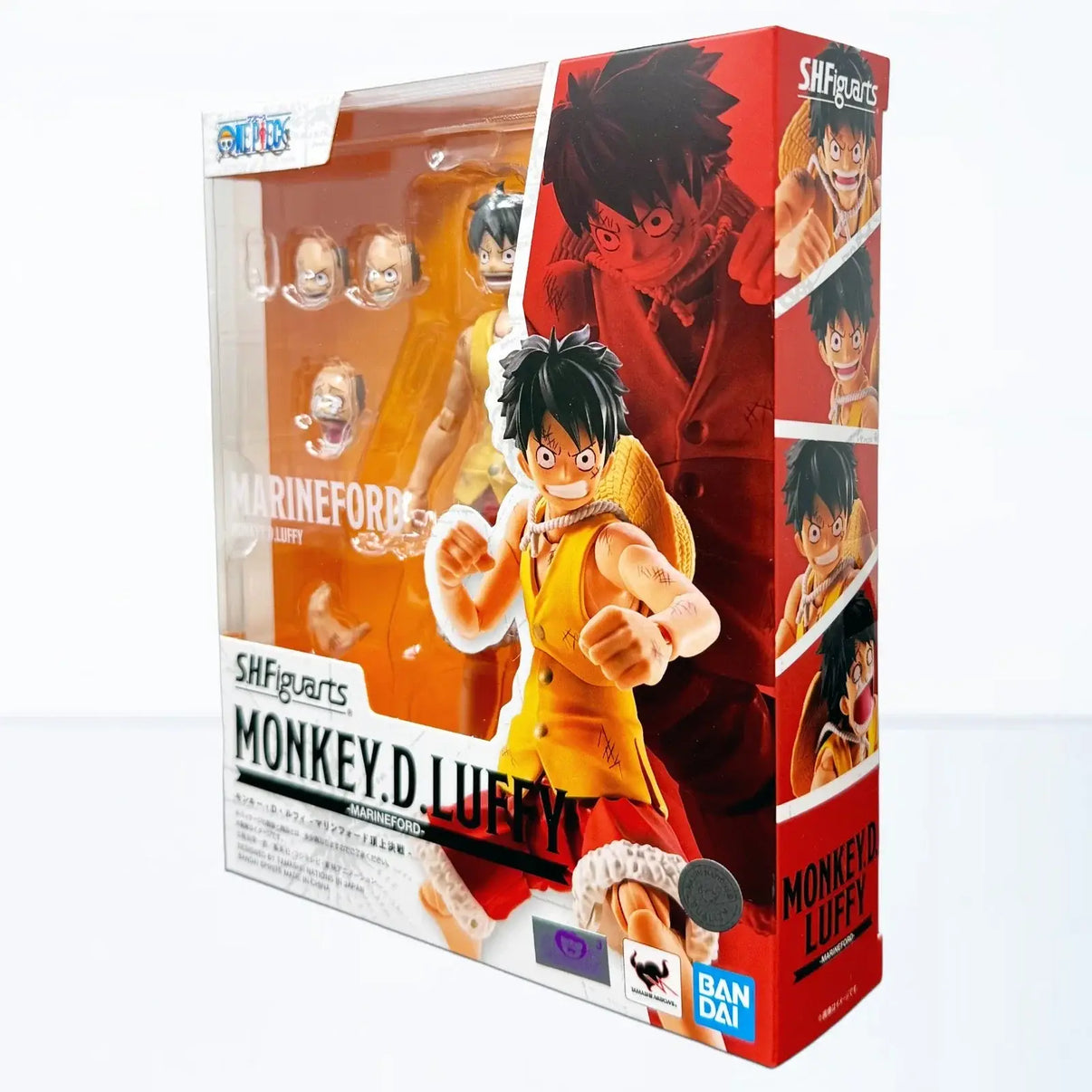 Red and white packaged Monkey D Luffy Marineford One Piece S.H.Figuarts action figure collectible toy