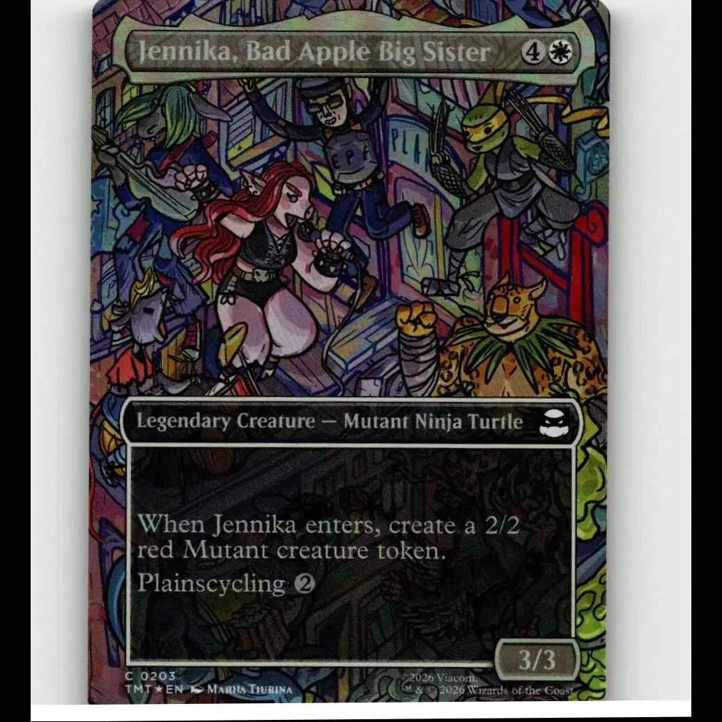 Mtg teenage mutant ninja turtles jennika bad apple big sister borderless card featuring a red-haired mutant turtle in action