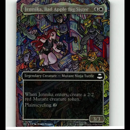 Mtg teenage mutant ninja turtles jennika bad apple big sister borderless card featuring a red-haired mutant turtle in action