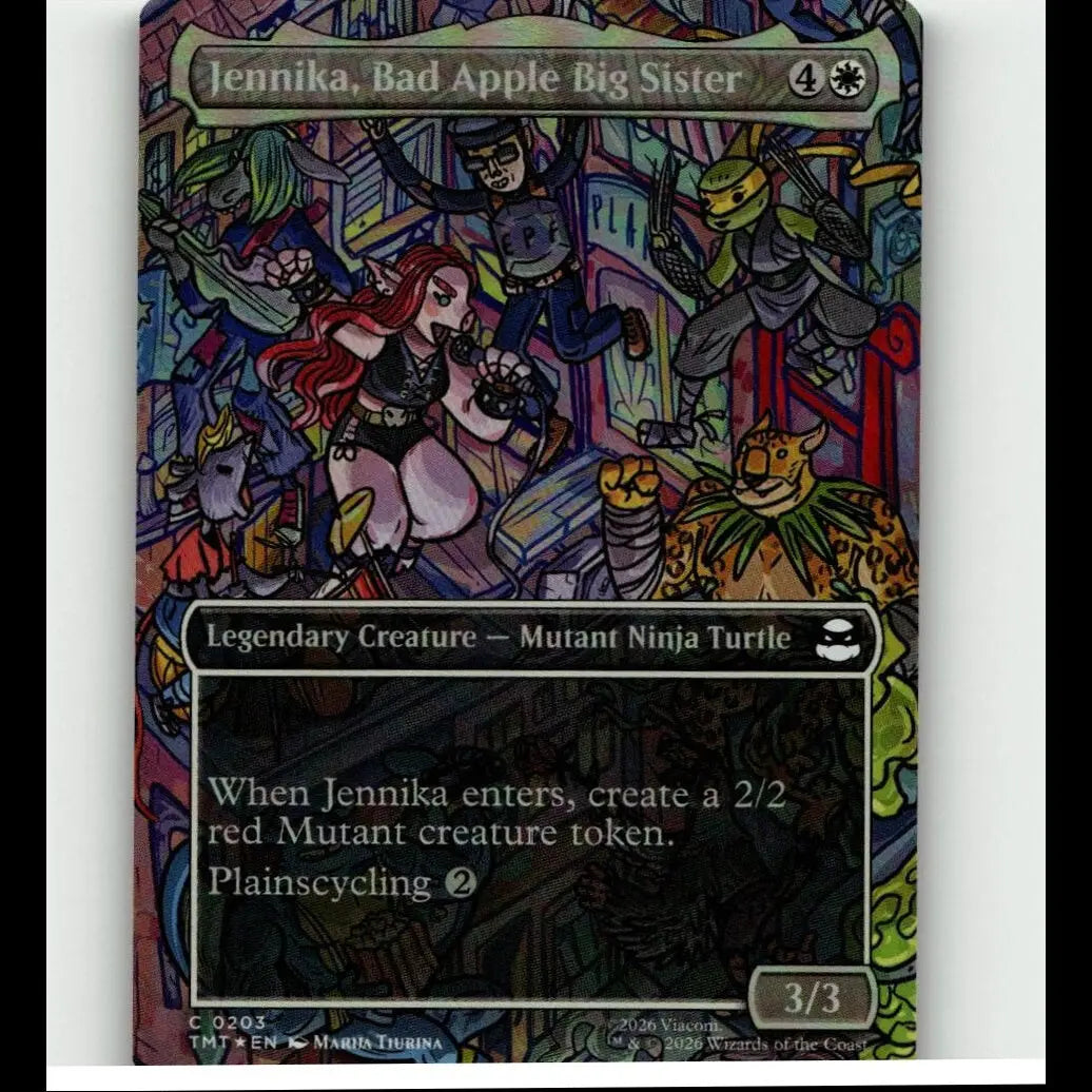 Mtg teenage mutant ninja turtles jennika bad apple big sister borderless card featuring red-haired mutant turtle action scene