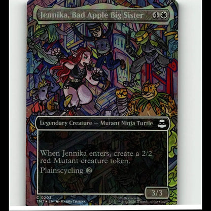 Mtg teenage mutant ninja turtles jennika bad apple big sister borderless card featuring red-haired mutant turtle action scene