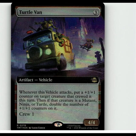 Mtg tmnt turtle van foil extended art trading card featuring a yellow van with green turtle characters in action
