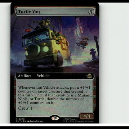 Mtg tmnt turtle van foil extended art card featuring a yellow van with green turtles in action against dark urban backdrop