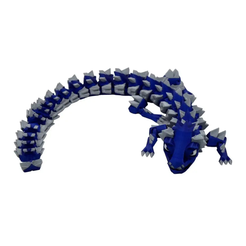 Blue and gray articulated lizard toy.