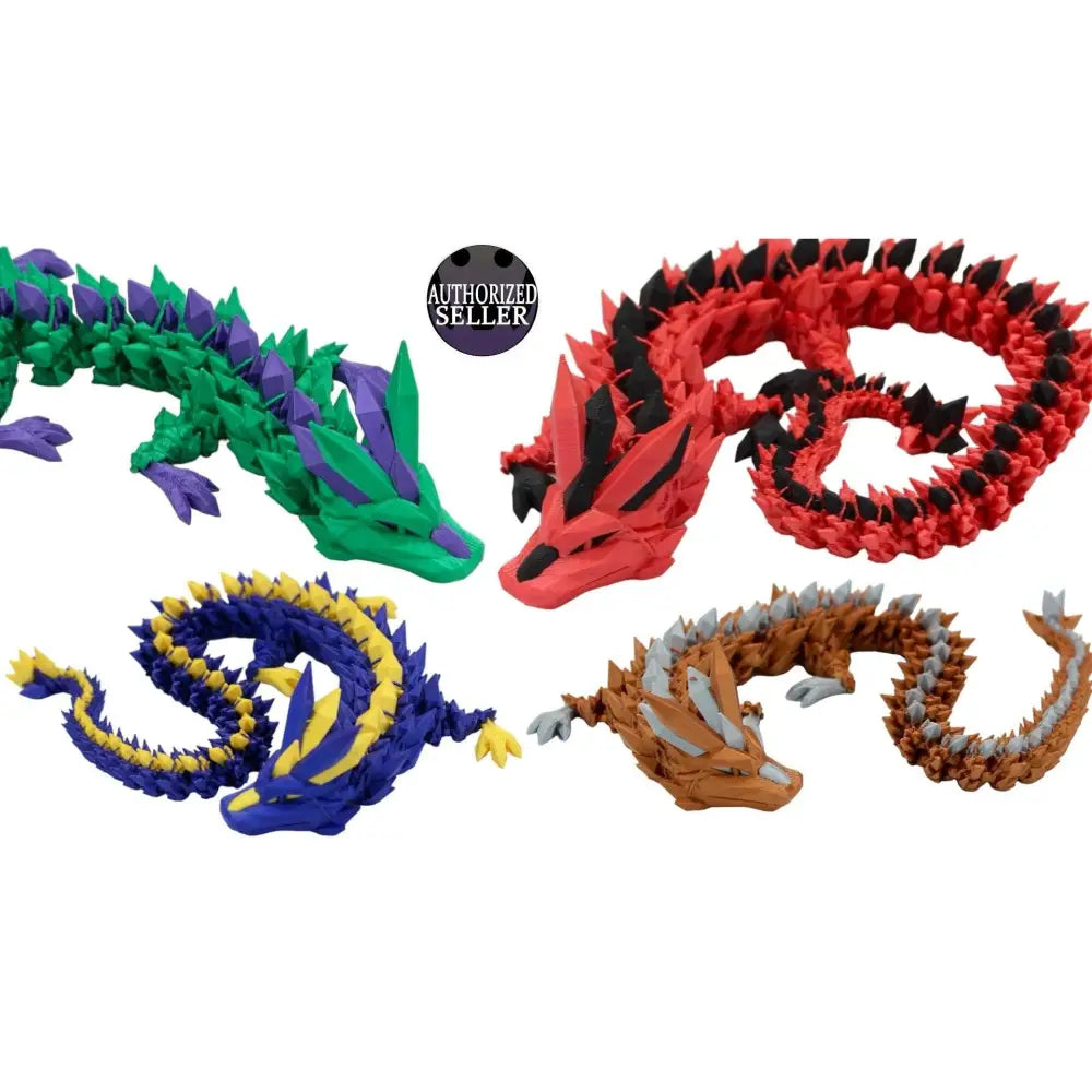 Colorful articulated dragon figurines.