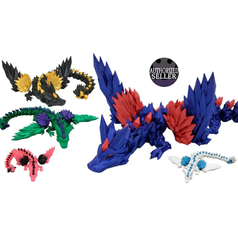 Colorful articulated crystal dragon figurines.