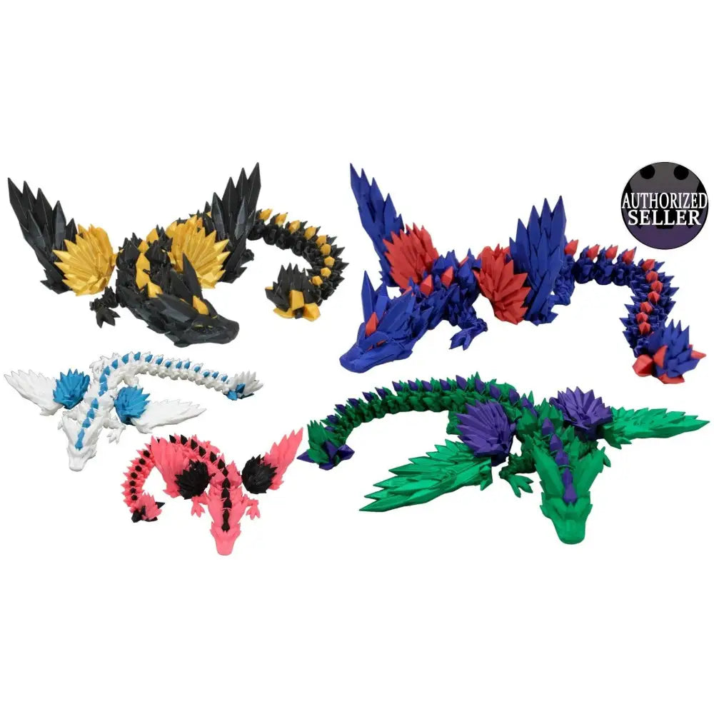 Colorful articulated crystal dragons.