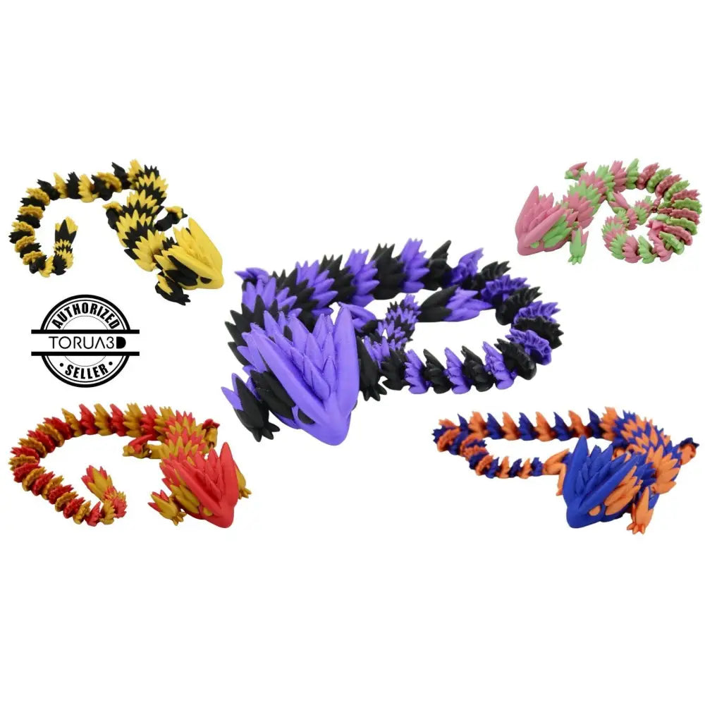 Colorful articulated 3D-printed dragons.