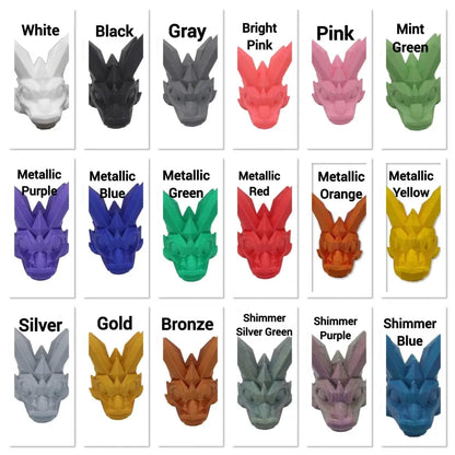 Colorful 3D printed dragon heads.